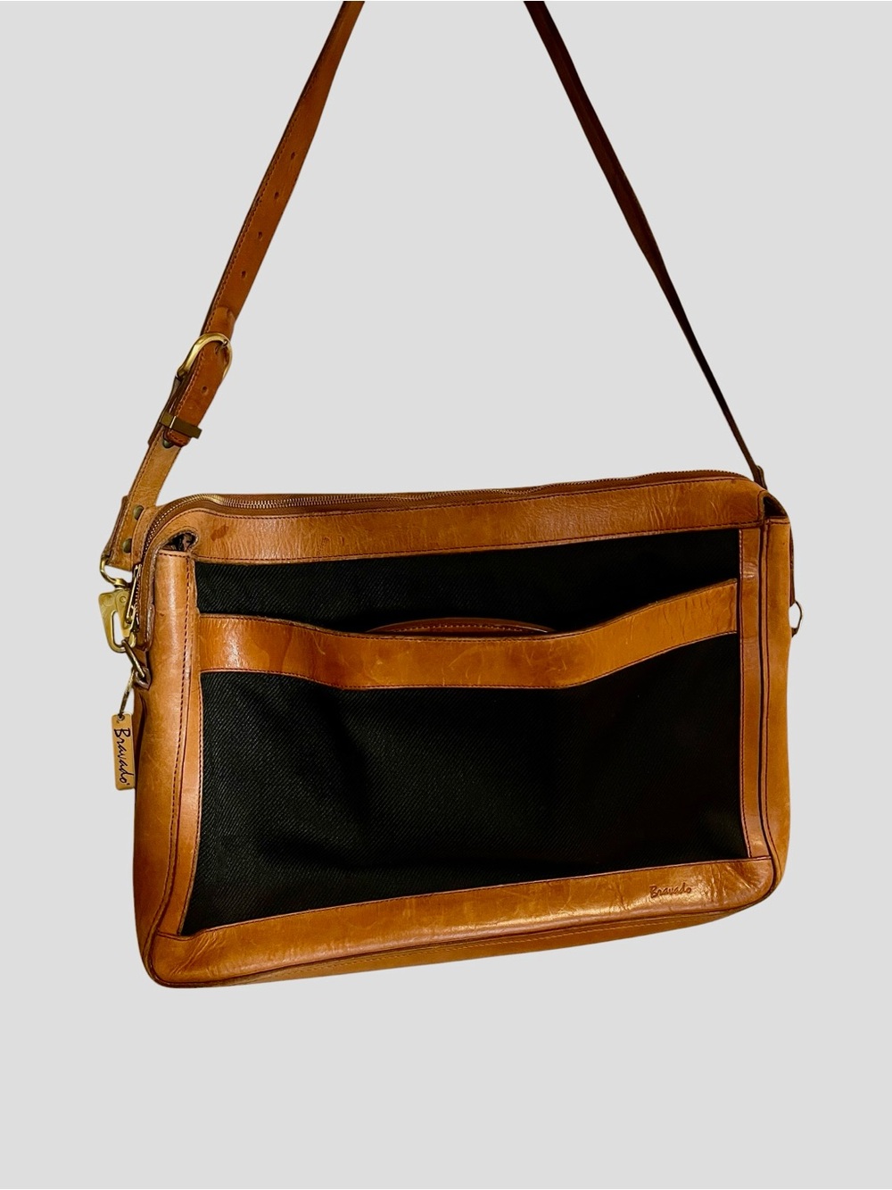 Vintage Bravado Leather Canvas Messenger Crossbody Satchel Bag Brass 17x12 - Picture 8 of 11